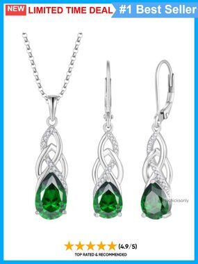 Celtic Knot Infinity 925 Sterling Silver Emerald Dangle Earrings Necklace Set